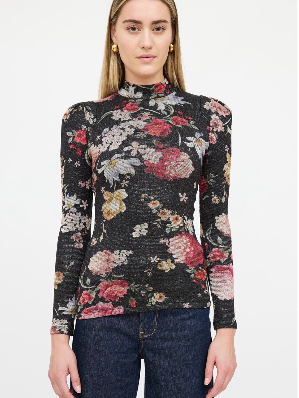 Smythe puff sleeves shimmer Black Floral Mock Neck Long Sleeve sweater size S-M